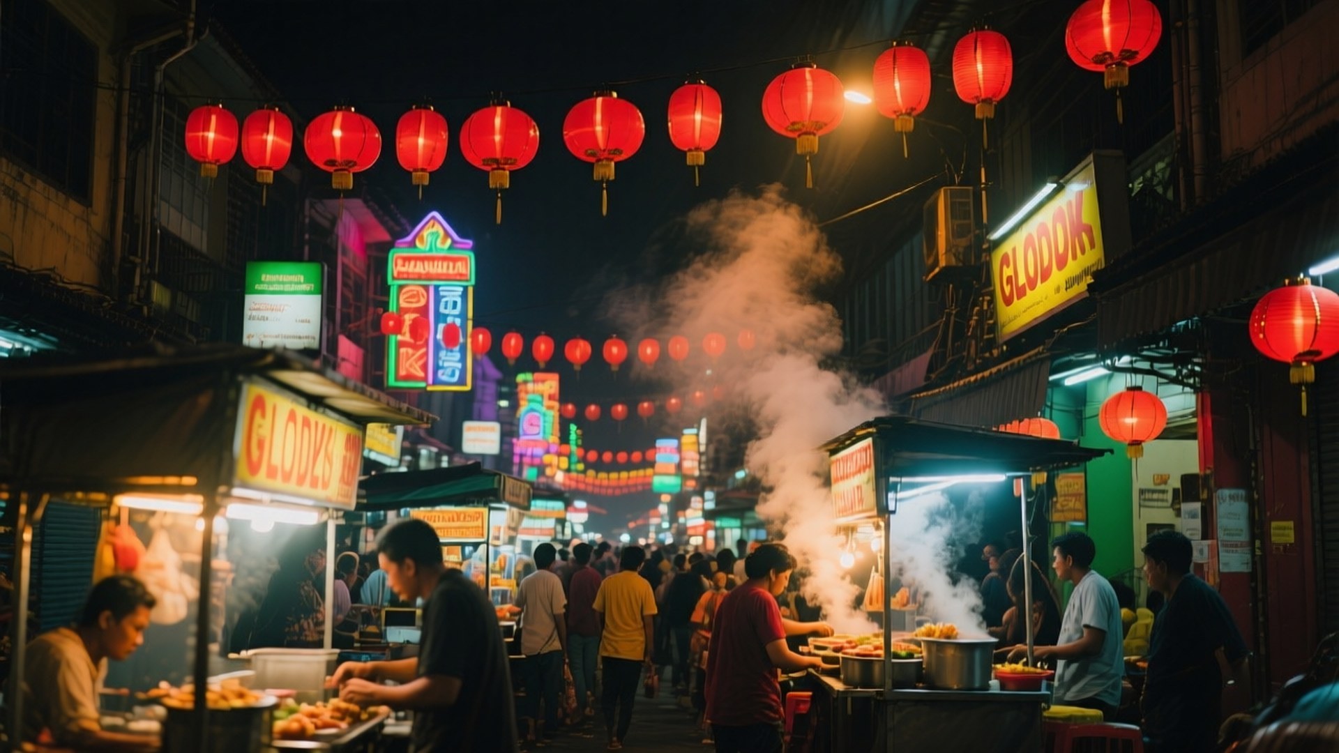 Glodok Night Market 壁紙 — 一條熱鬧的夜市街道，在發光的紅燈籠和霓虹燈招牌下，食物攤位升起蒸氣，充滿生氣。