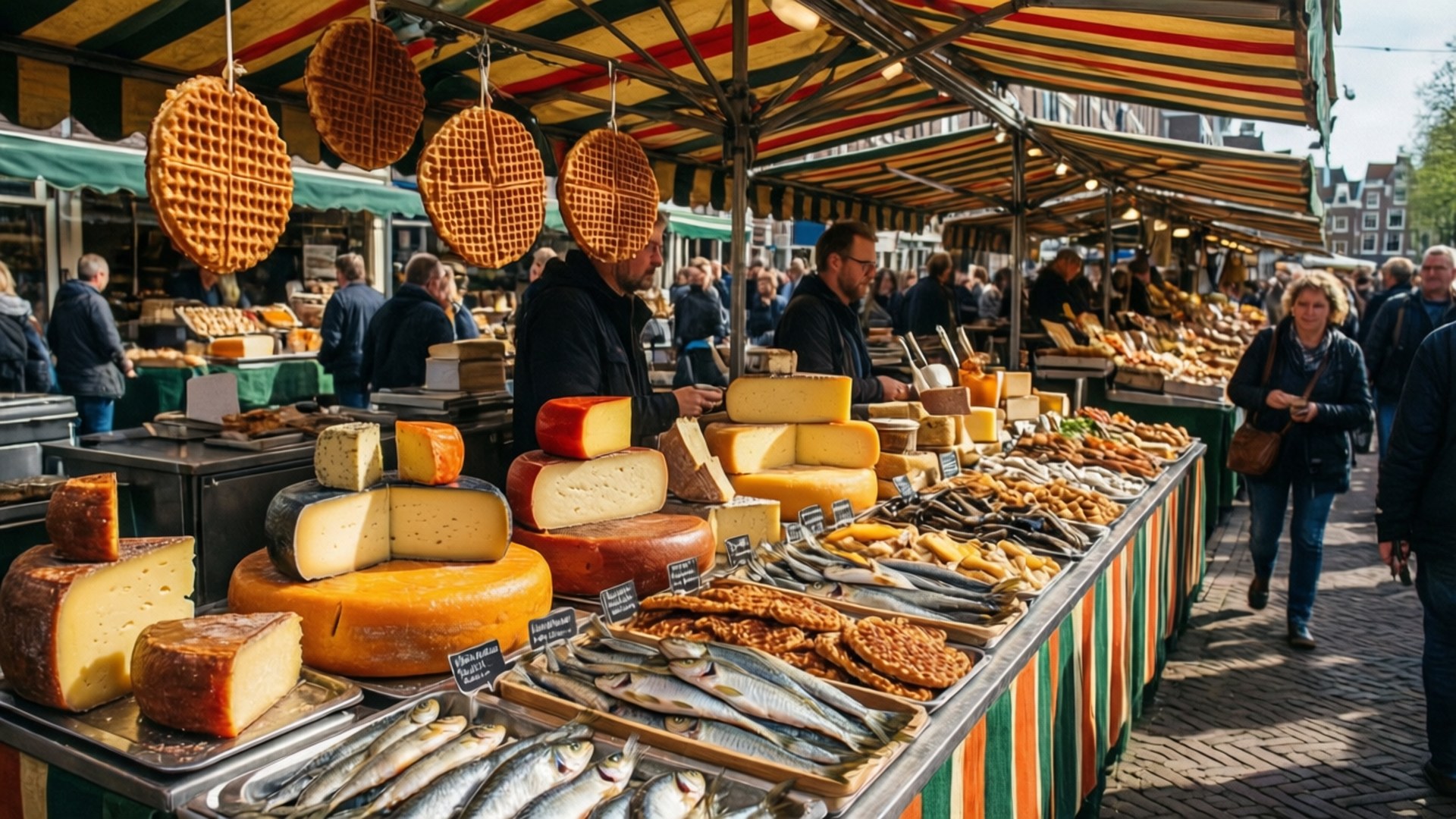 Food Market Amsterdam 壁紙 — 一個熱鬧的戶外市場攤位在條紋遮陽篷下展示豐富的荷蘭起司、魚和掛著的鬆餅。