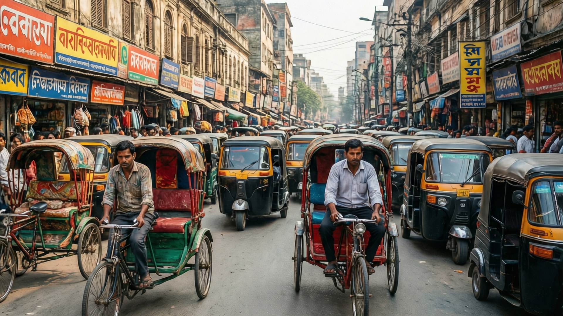 Dhaka Street Rickshaw Rush 壁紙 — 達卡一條繁忙的街道，擠滿了人力車和自動人力車，穿梭在兩旁佈滿色彩繽紛商店和招牌的狹窄小巷中。