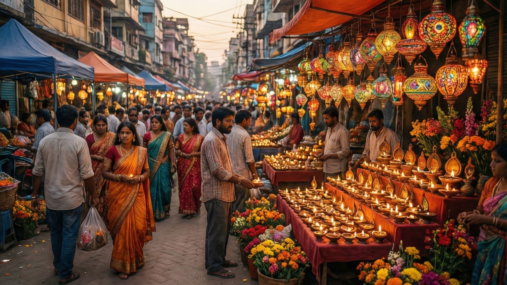 Diwali Market Bustle 壁紙 — 黃昏時分，一個熙熙攘攘的街市，擠滿了瀏覽色彩繽紛攤位的人們，攤位裝飾著發光的燈籠和一排排點亮的油燈。
