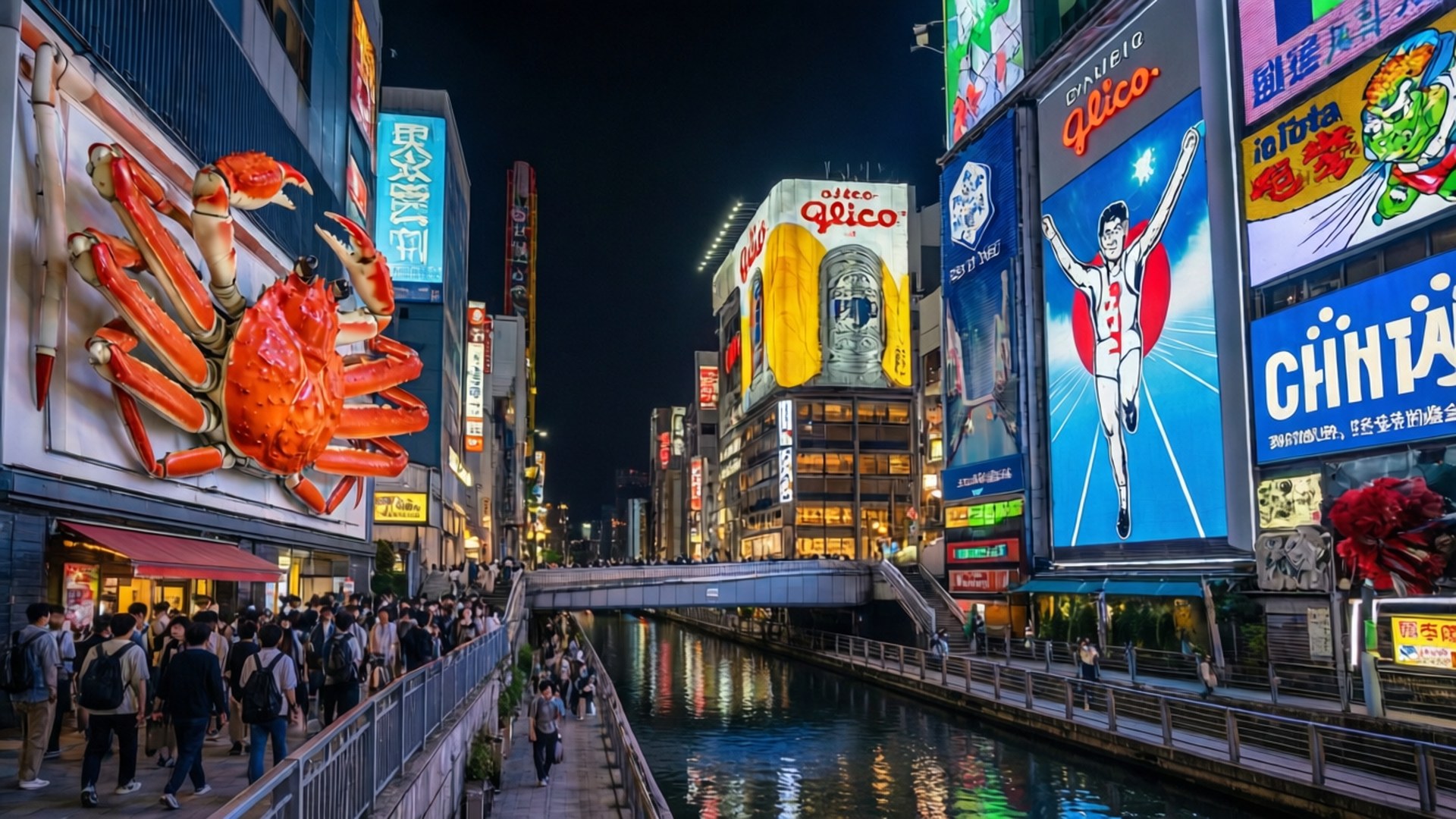 Dotonbori Neon Nights 壁紙 — 夜晚繁忙的東京運河，兩旁高聳的霓虹燈廣告牌，包括一隻巨大的螃蟹和格力高跑步男。
