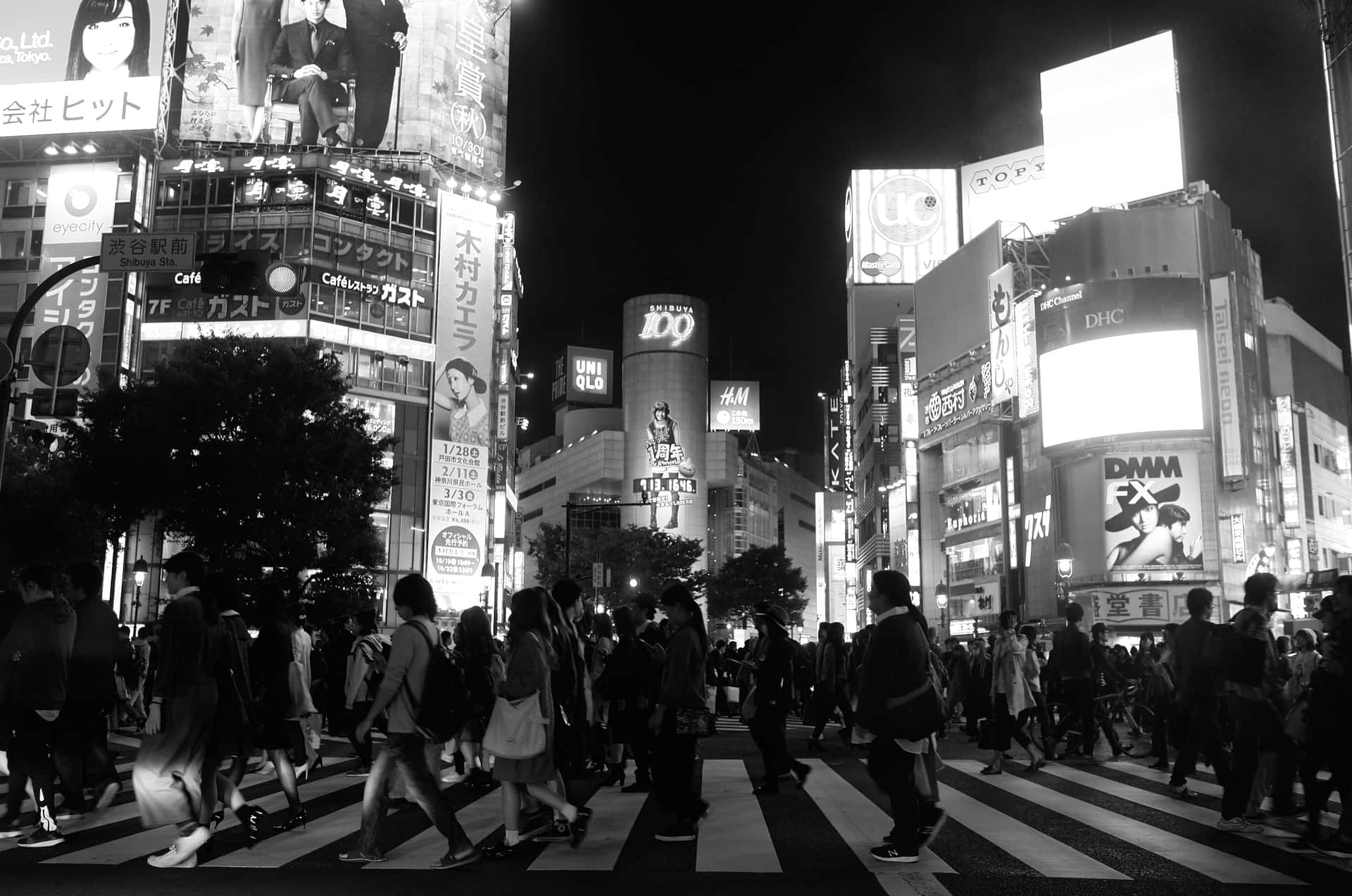 人群在夜晚繁忙的東京街道上，在明亮的霓虹燈牌下穿越。 — 日本黑白 壁紙