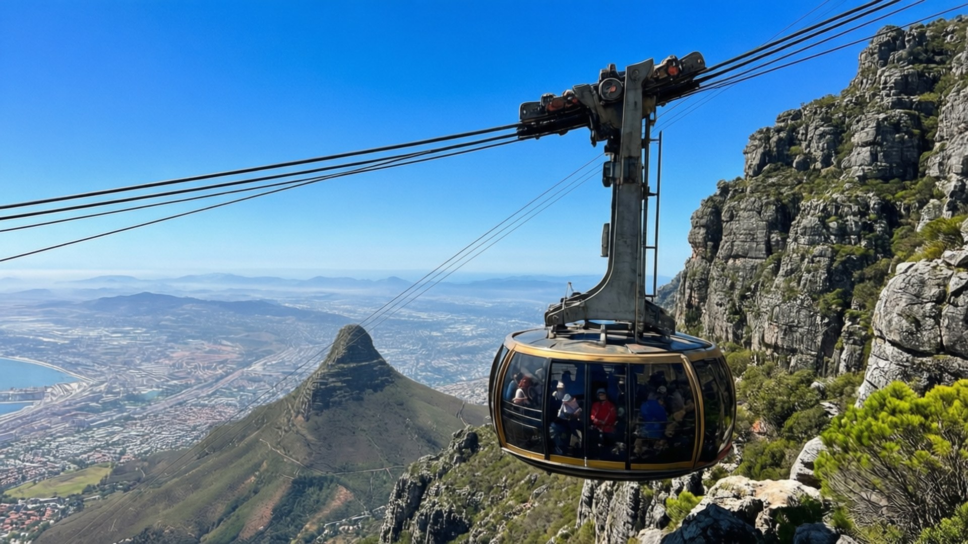 Table Mountain Cable Car 壁紙 — 纜車滑過崎嶇的懸崖，俯瞰著廣闊的城市和海洋，天空清澈湛藍。