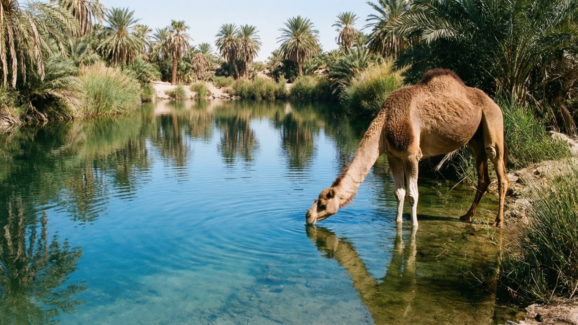 Camel at Oasis 壁紙 — 一隻駱駝在明亮的陽光下，從一個被茂密棕櫚樹環繞的清澈藍色綠洲池塘中飲水。