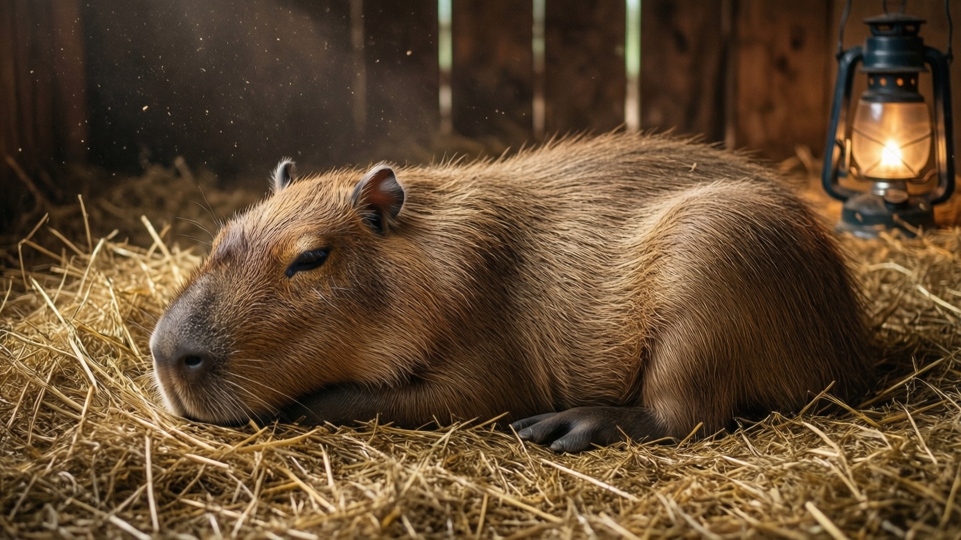 Cozy Barn Capybara 壁紙 — 一隻水豚在質樸的木圍欄內，平靜地躺在金色乾草上，旁邊有一盞發光的燈籠。