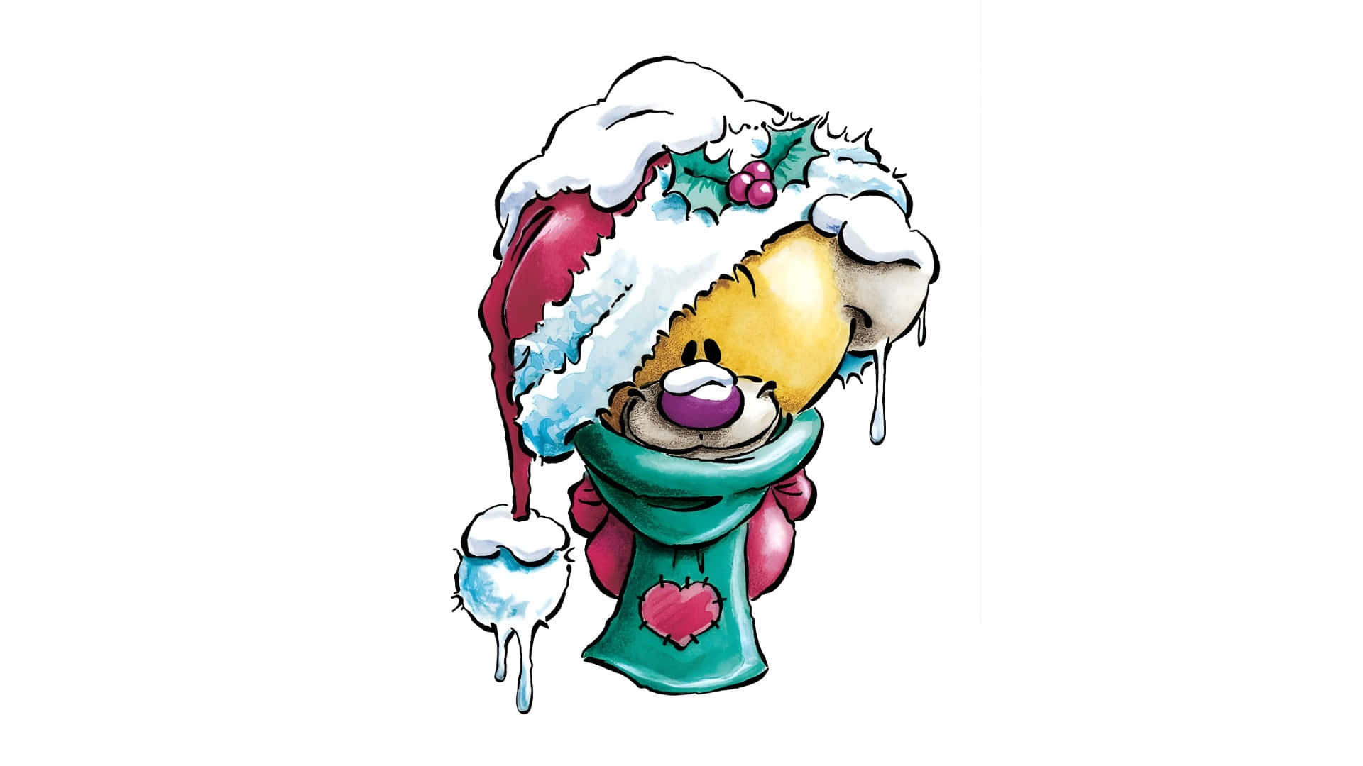  壁紙 — 一隻卡通熊戴著被雪覆蓋的聖誕帽和圍巾，帶有融化的冰滴和冬青漿果。
