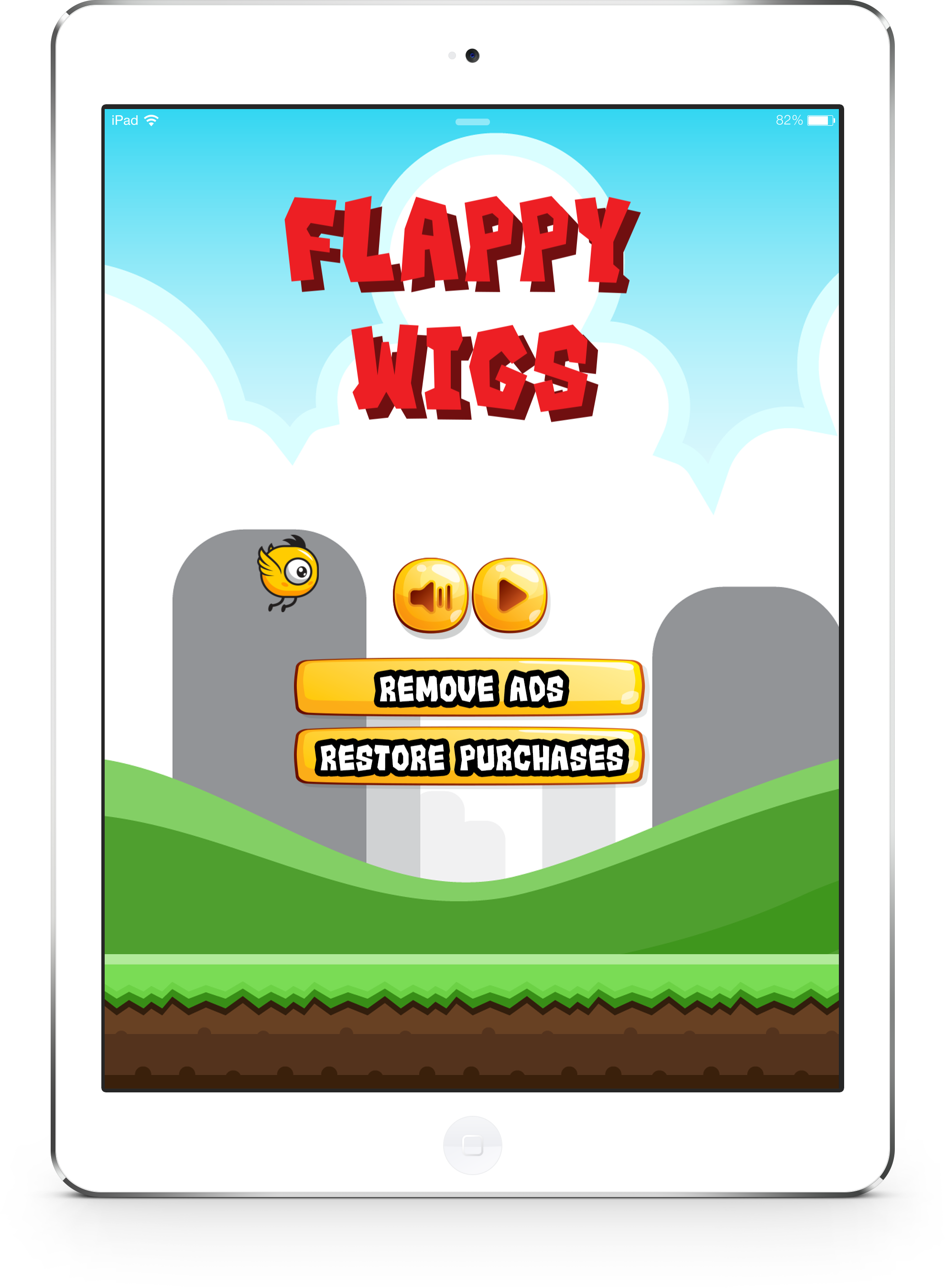 iPad 顯示 Flappy Wigs 遊戲，包含鳥、遊戲按鈕和綠色山丘。 — iPad 壁紙
