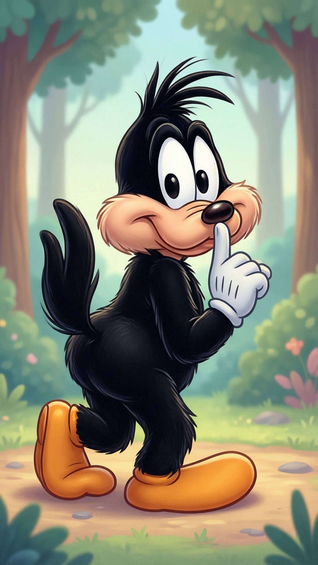 Elmer Fudd 桌布 壁紙 — 一隻卡通黑色狐狸，穿著橙色靴子和手套，站在森林裡，將手指放在嘴唇上做出「噓」的手勢。