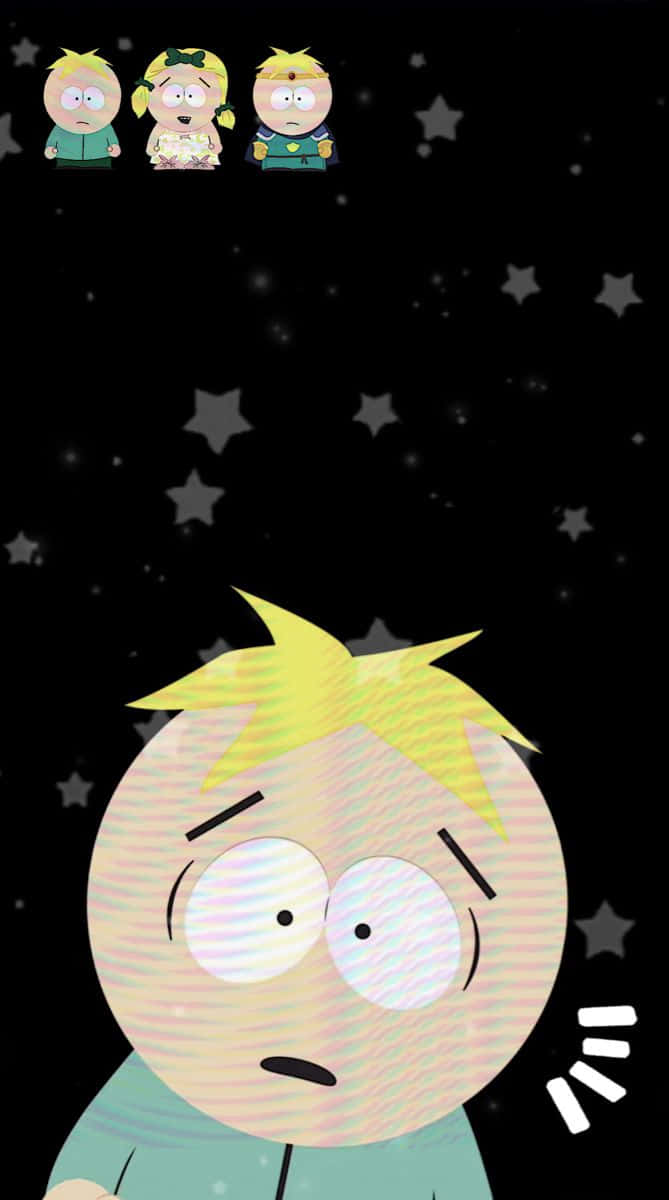 壁紙 — 一個頭髮豎起的卡通男孩睜大眼睛凝視星星，而另外三個角色從上方俯視，背景是黑色天空。