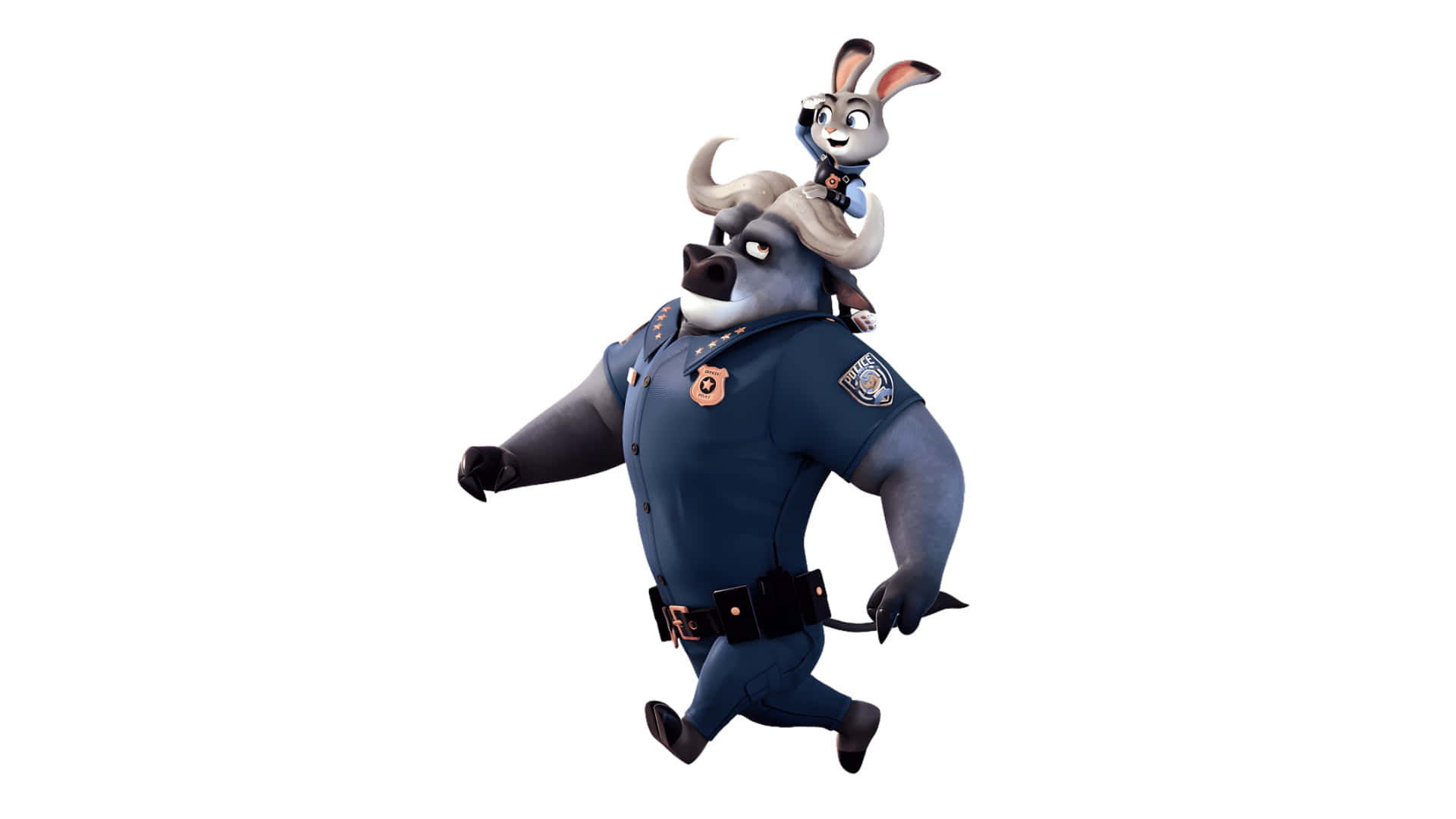  壁紙 — 一隻穿著藍色制服的卡通水牛警察，背著一隻兔子警察在奔跑。