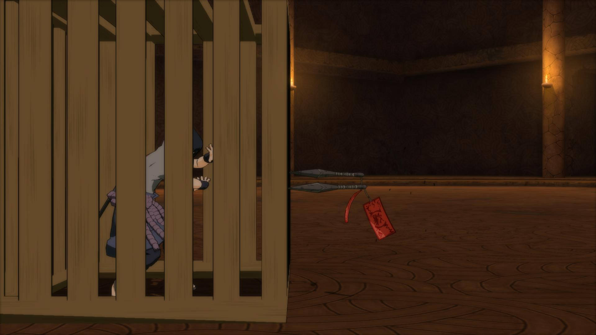 卡通角色躲在黑暗房間的木欄杆後面，地板上有紅色標籤。 — Sasuke 壁紙