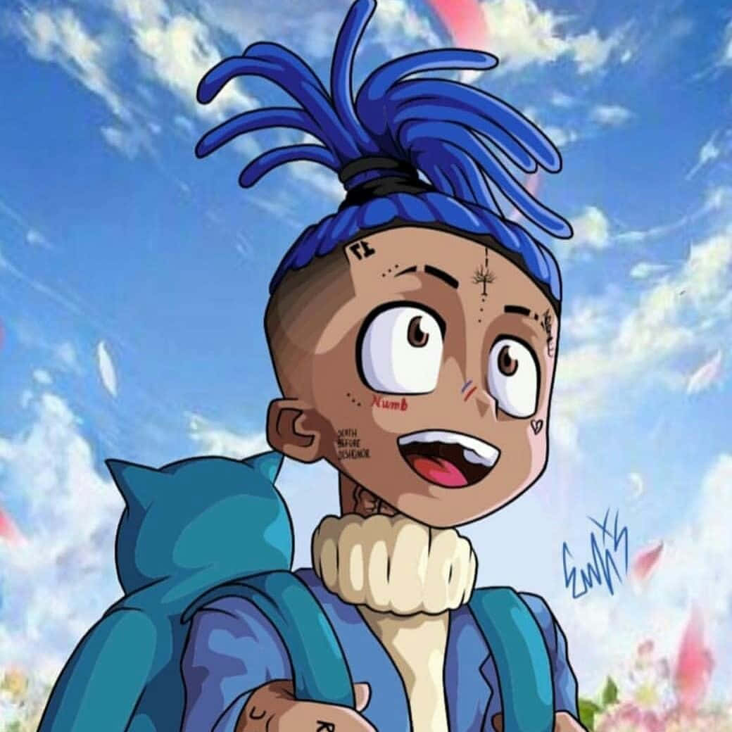 帶有藍色辮子和紋身的卡通角色在藍天下微笑。 — Xxxtentacion 壁紙