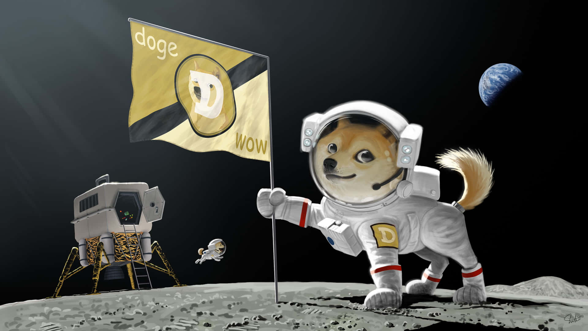 一隻穿著太空衣的狗在月球上插上Dogecoin旗幟，背景有地球。 — Meme 壁紙