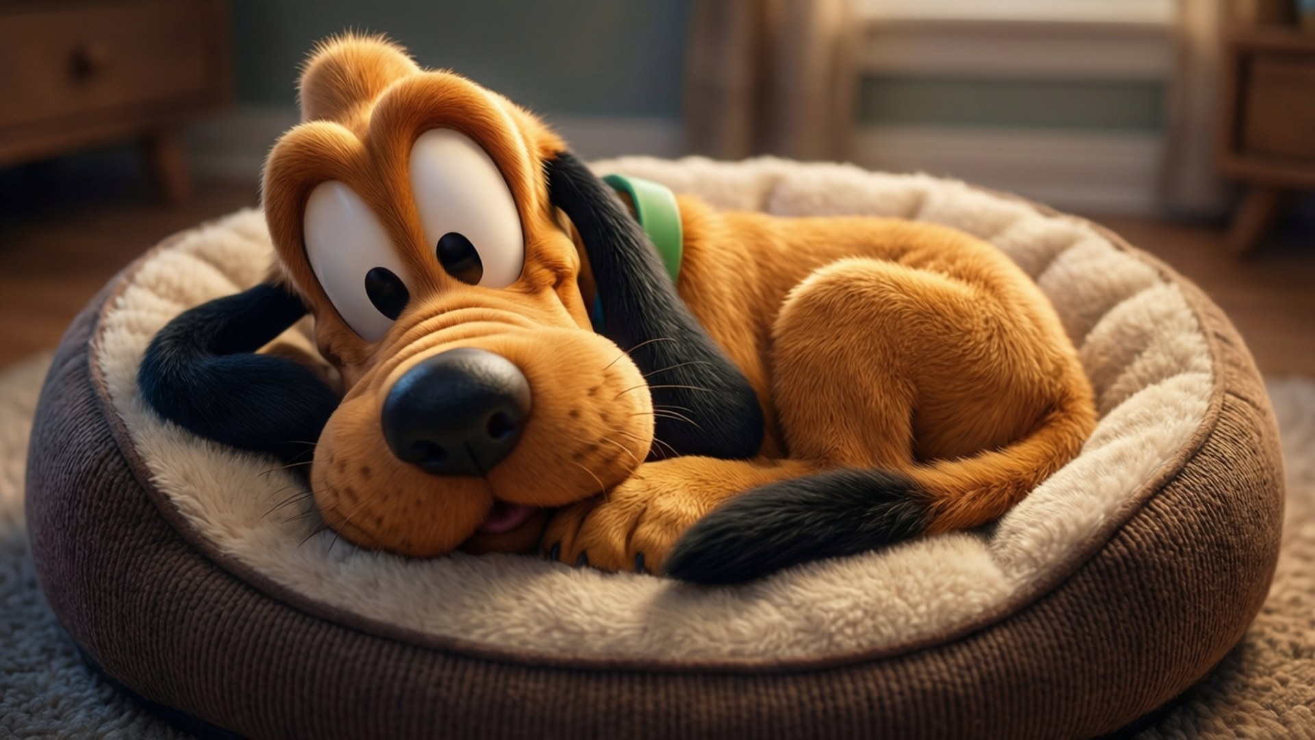 Pluto's Sweet Dreams 壁紙 — 一隻卡通狗，有大眼睛和垂耳，舒適地躺在一個舒適的棕色寵物床上。
