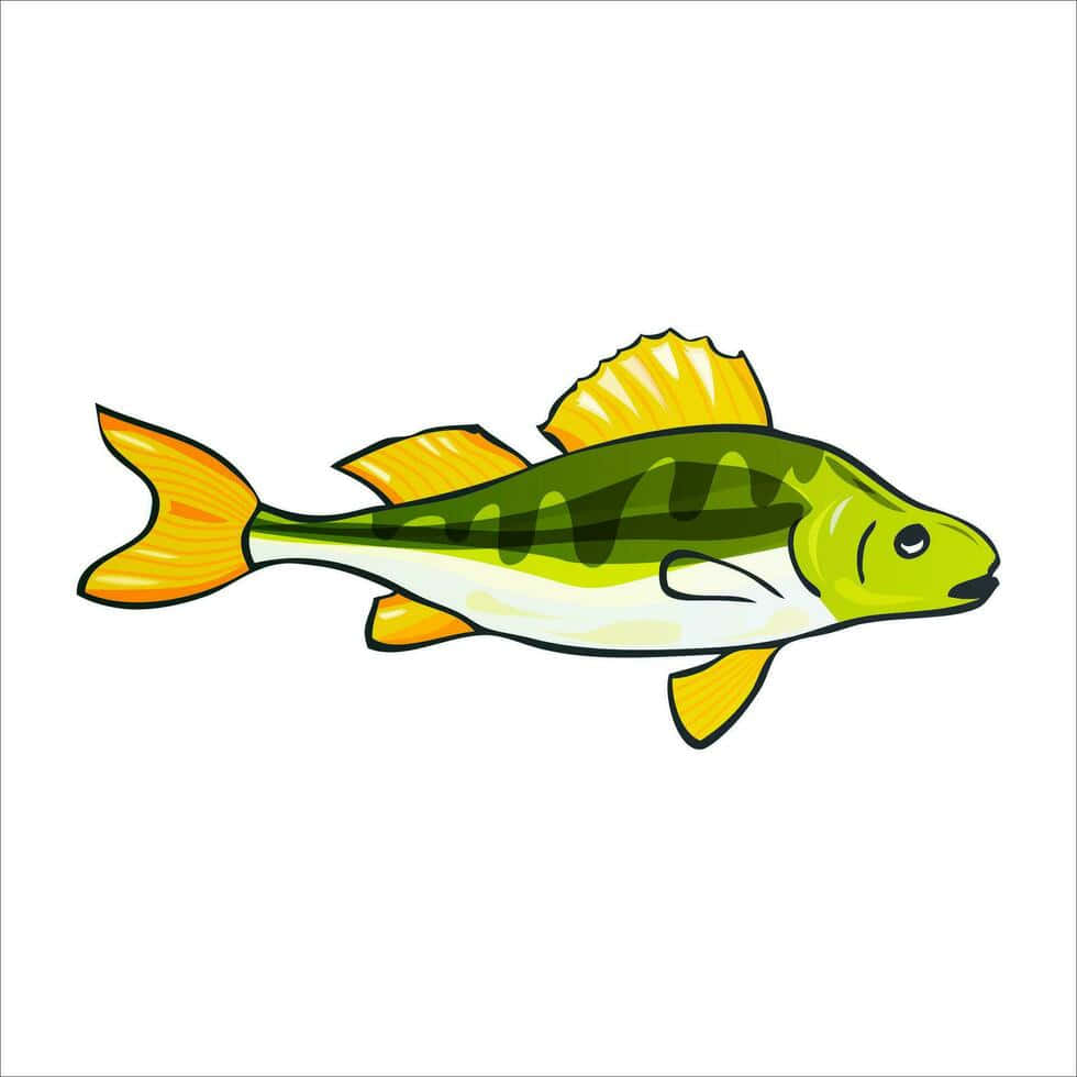  壁紙 — 一條卡通魚，綠色身體帶深色條紋和亮黃色魚鰭，在純白色背景上游動。