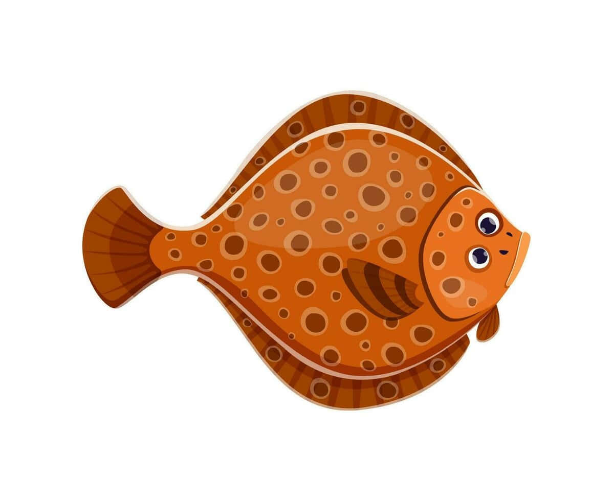  壁紙 — 一條卡通比目魚，橙色身體帶有棕色斑點，在純白色背景上游動。