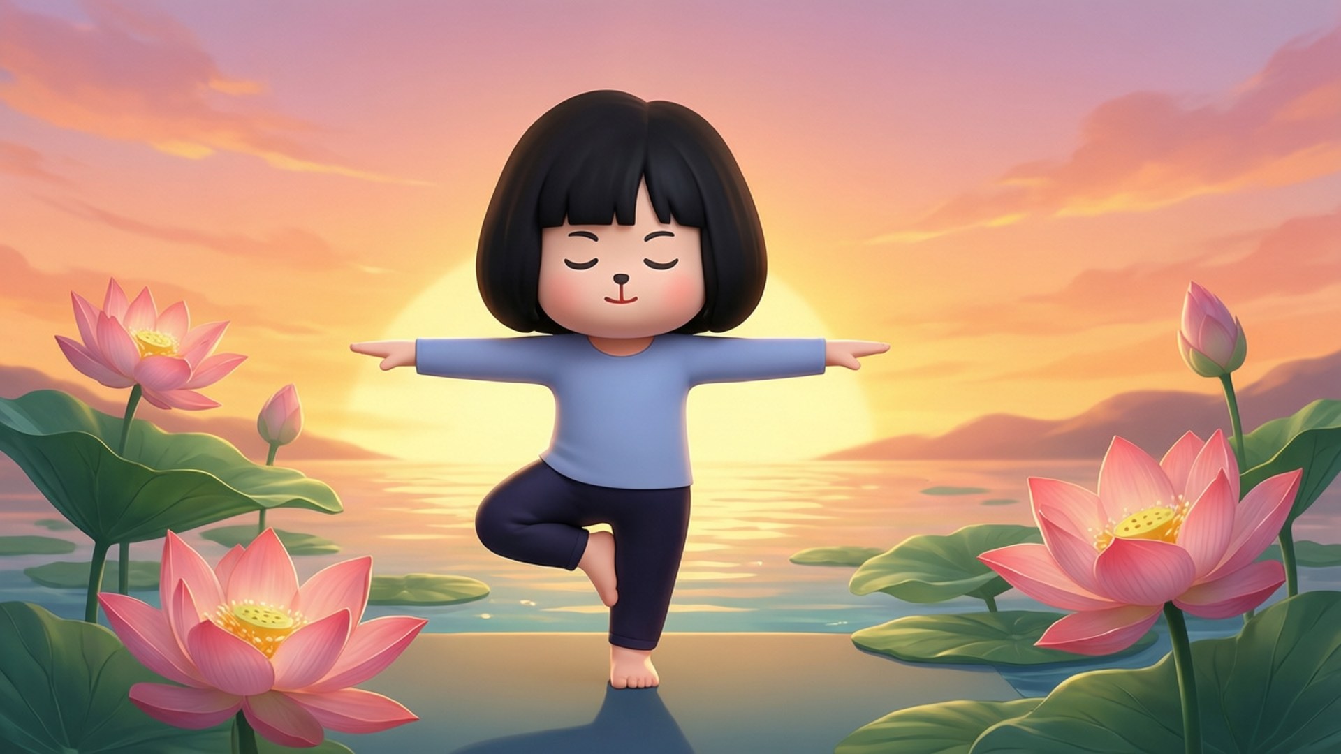 Yoga Tata Peace 壁紙 — 一個卡通女孩在日落時分在蓮花墊上平衡樹式，周圍環繞著粉紅色的蓮花。