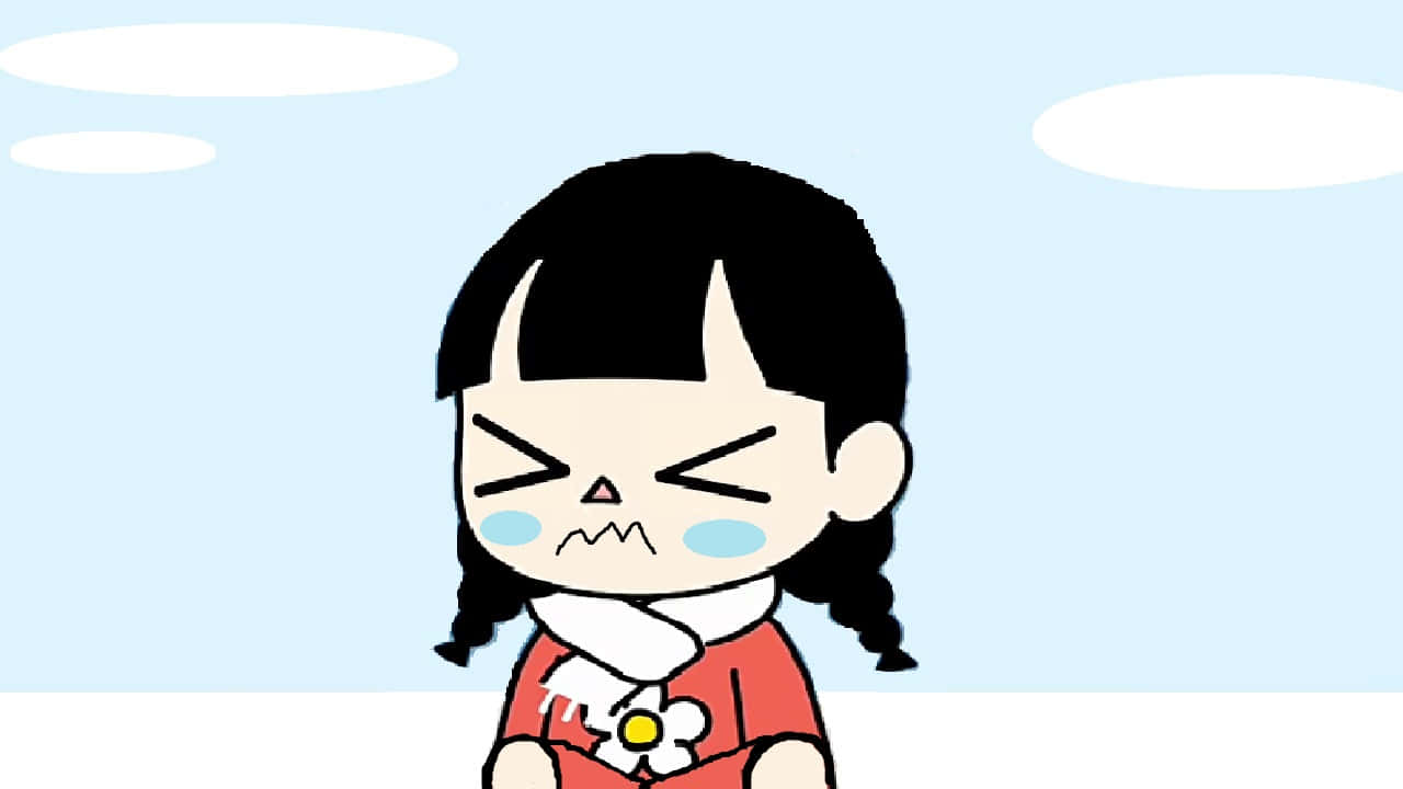 一個紮著雙馬尾、身穿紅色連衣裙和白色圍巾的生氣卡通女孩。 — 女孩 壁紙