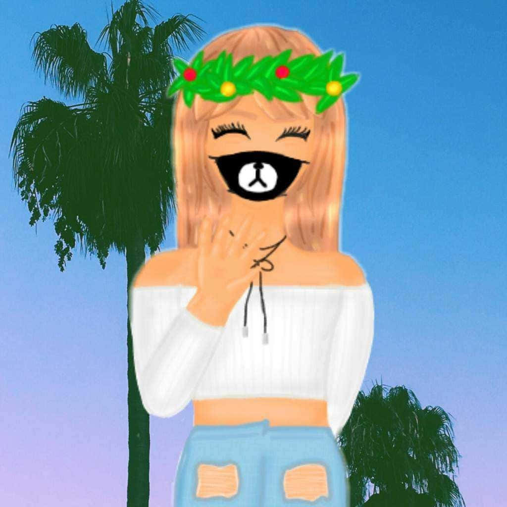 一個戴著花環的卡通女孩在暮色中的棕櫚樹下大笑。 — Roblox 壁紙