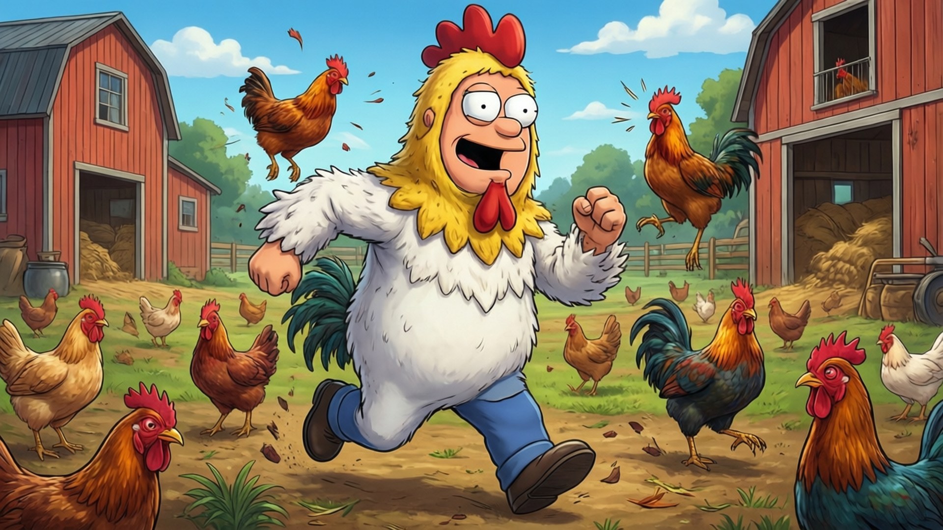 Chicken Costume Caper 壁紙 — 一個卡通男人穿著雞服裝，在真實雞隻和紅色穀倉環繞的農場裡瘋狂奔跑。