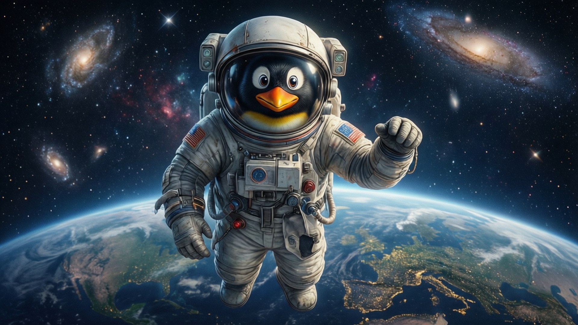 企鵝 桌布 壁紙 — 一隻卡通企鵝太空人在太空中漂浮，背後有地球和星系。