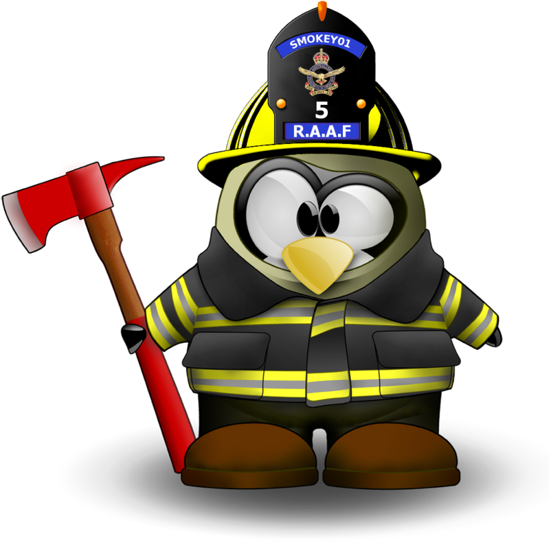 卡通企鵝消防員穿著制服拿著斧頭 — Linux 壁紙