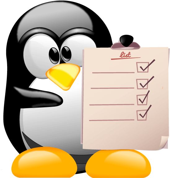 卡通企鵝拿著一個帶有已完成清單的剪貼板。 — Linux 壁紙