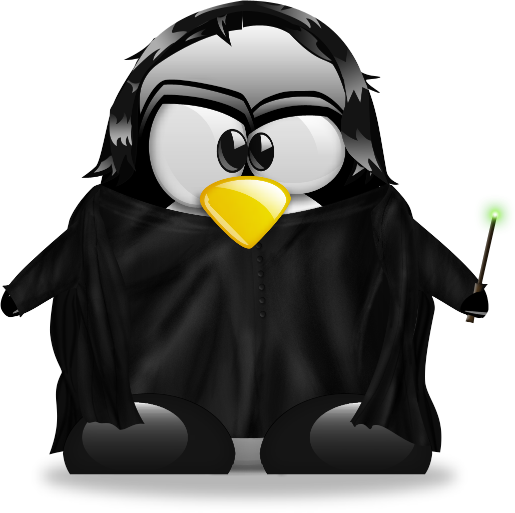 一隻打扮成巫師的卡通企鵝拿著發光的綠色棒棒糖。 — Linux 壁紙