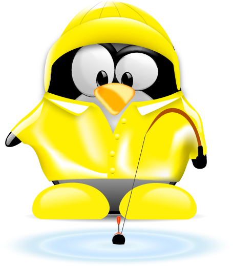 一隻穿著黃色雨衣的卡通企鵝在藍色池塘釣魚。 — Linux 壁紙
