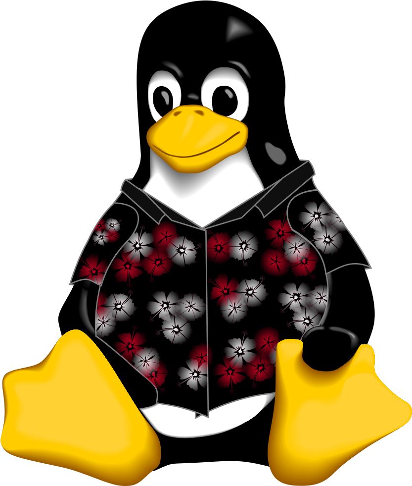 一隻穿著花卉襯衫的卡通企鵝，背景為黑色。 — Linux 壁紙