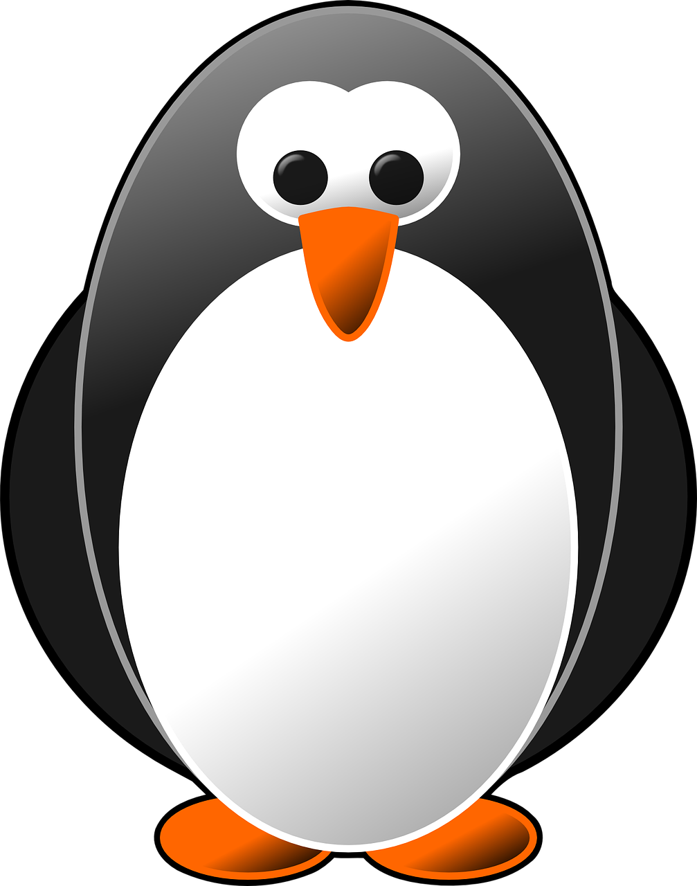 一隻卡通企鵝，身體黑白相間，有橙色喙和腳。 — Linux 壁紙
