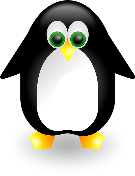 卡通企鵝，有綠色眼睛、黃色喙和腳，在灰色平台上。 — Linux 壁紙