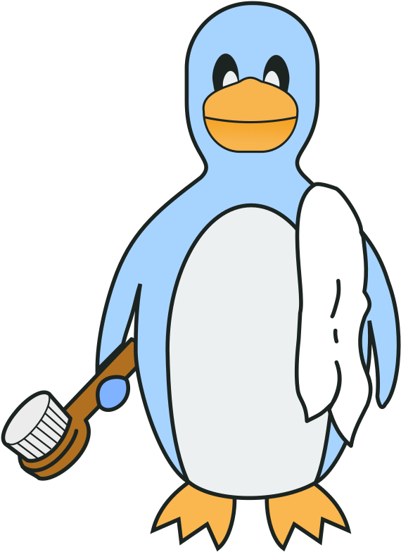 卡通企鵝拿著牙刷和毛巾進行清潔。 — Linux 壁紙