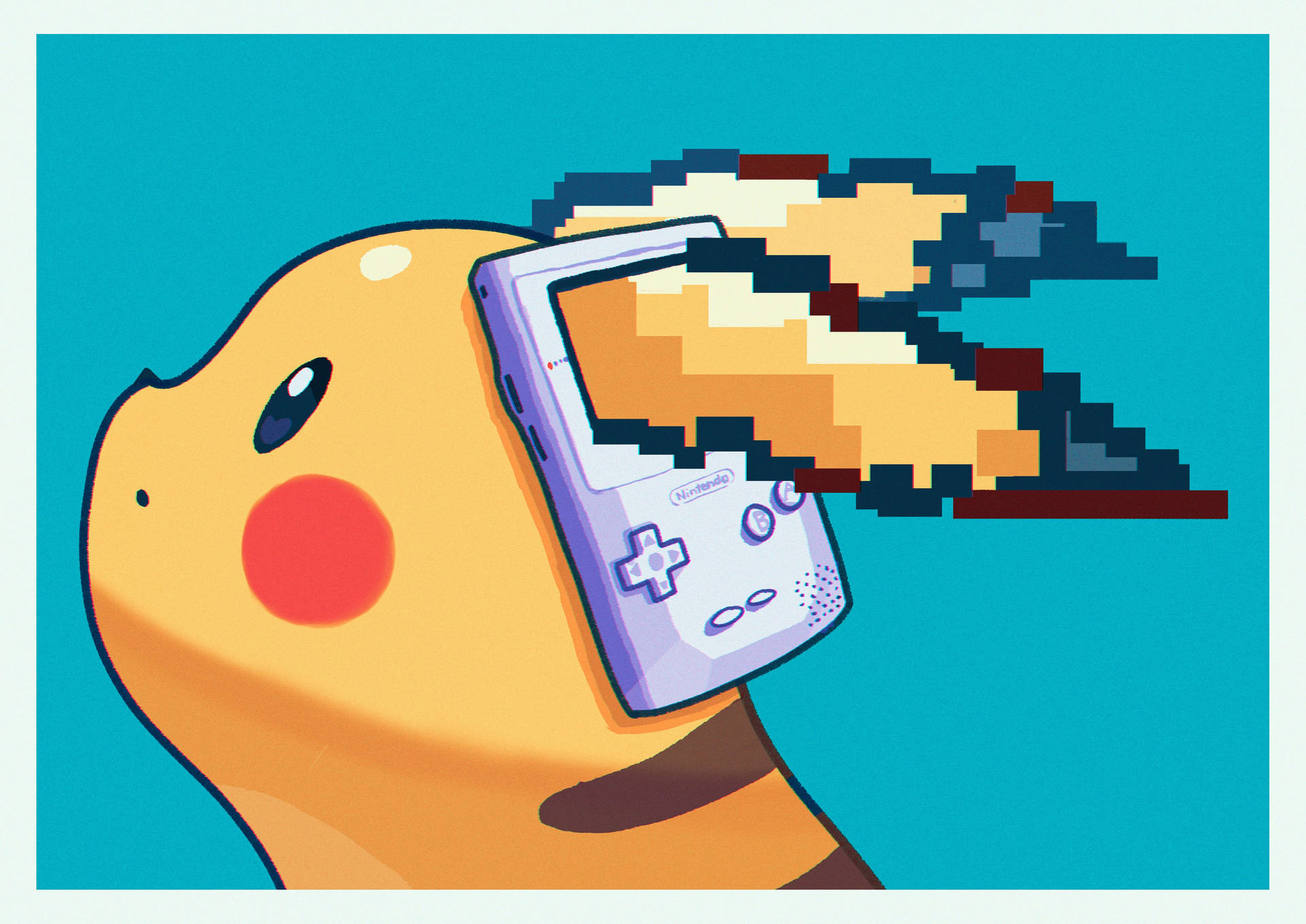 皮卡丘拿著Game Boy，螢幕上有像素火焰冒出。 — 4K 壁紙