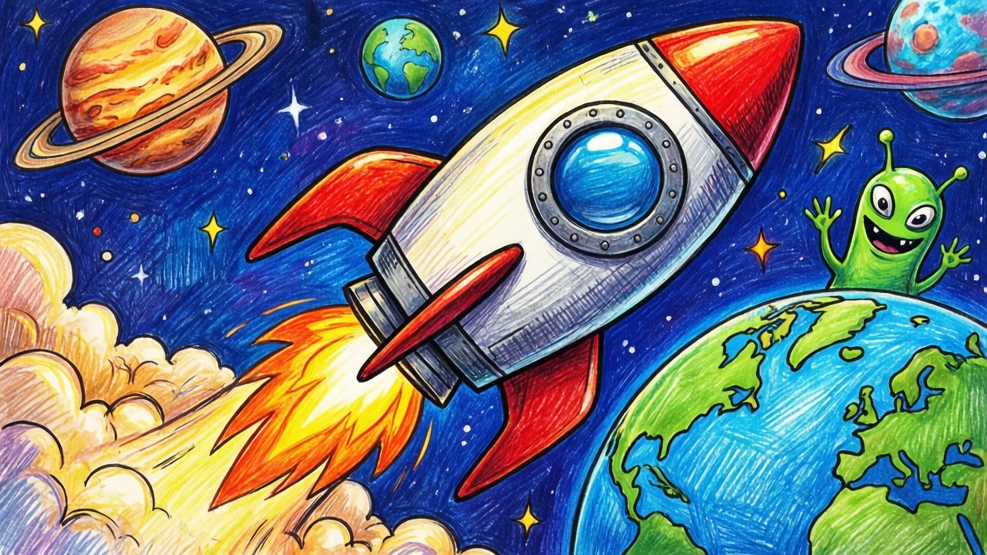 Rocket Ship Space Doodle 壁紙 — 一架卡通火箭從地球發射，經過行星和恆星，有一個開心的綠色外星人在揮手。