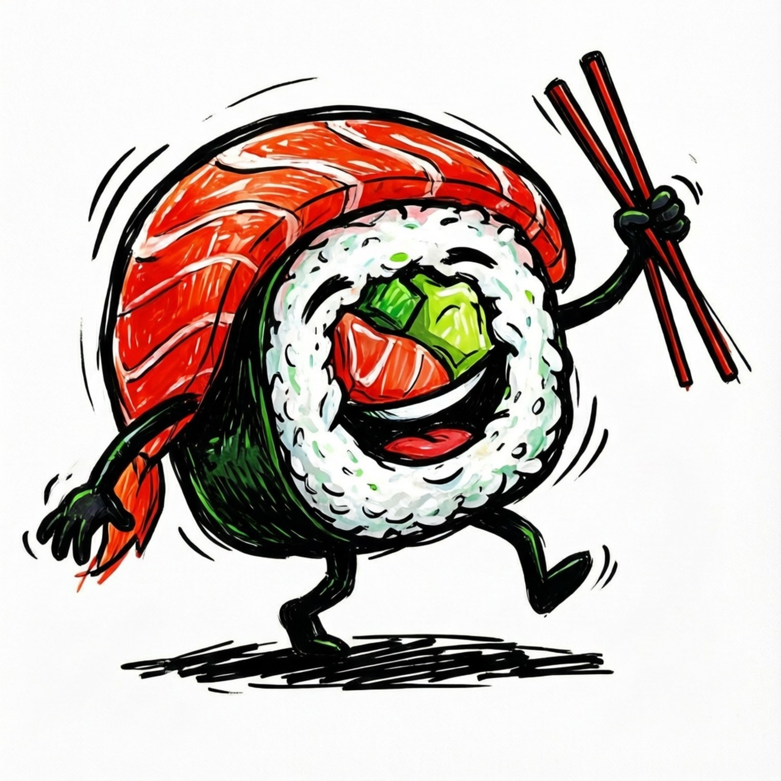 Doodle Sushi Dance 壁紙 — 卡通壽司卷，上面有鮭魚和綠色芥末，拿著筷子笑著跑。