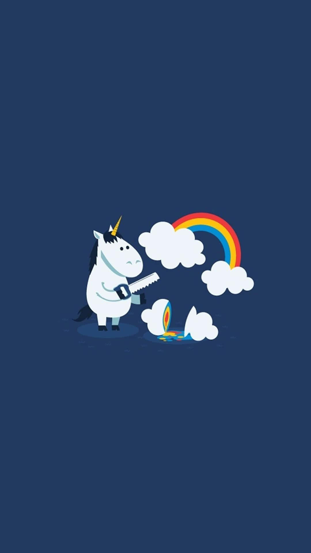  壁紙 — 一隻卡通獨角獸，金色角鋸開雲層，在深藍色背景上釋放出彩虹。