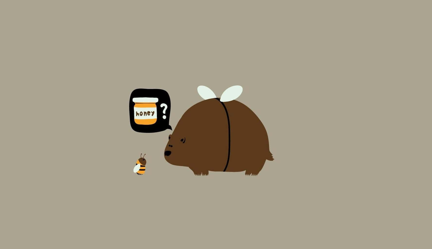 Minimalist Animal 桌布 壁紙 — 一隻有翅膀的卡通袋熊對一隻在對話氣泡中拿著蜂蜜罐的小蜜蜂露出困惑的表情。