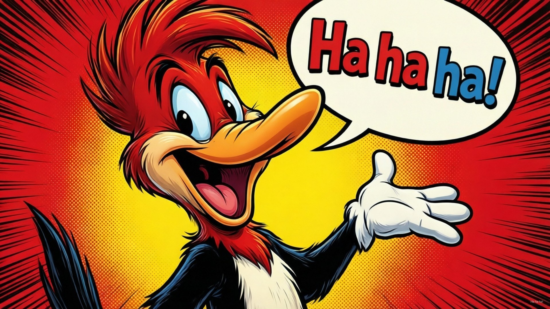 Ha Ha Ha! 壁紙 — 一隻卡通啄木鳥在紅黃色漫畫背景前，開心地笑著，並有一個對話框寫著「哈哈！」。