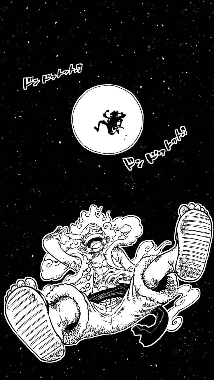  壁紙 — 一個卡通風格的動漫角色，四肢誇張，咧嘴大笑，在一個有月亮的星空黑色背景中倒立漂浮。