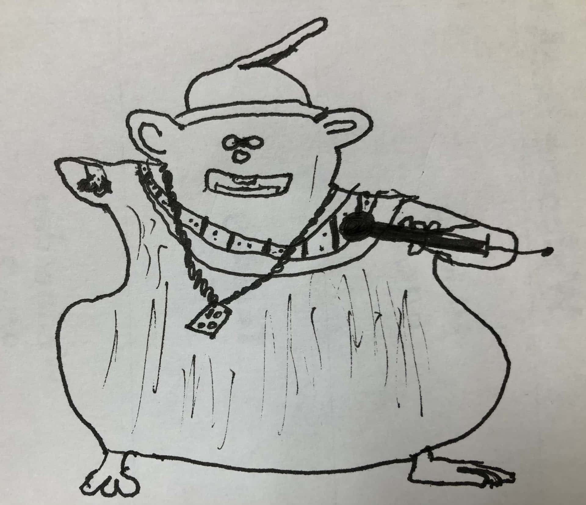  壁紙 — 一隻戴著帽子和項鍊的卡通熊，帶著頑皮的笑容拿著注射器。