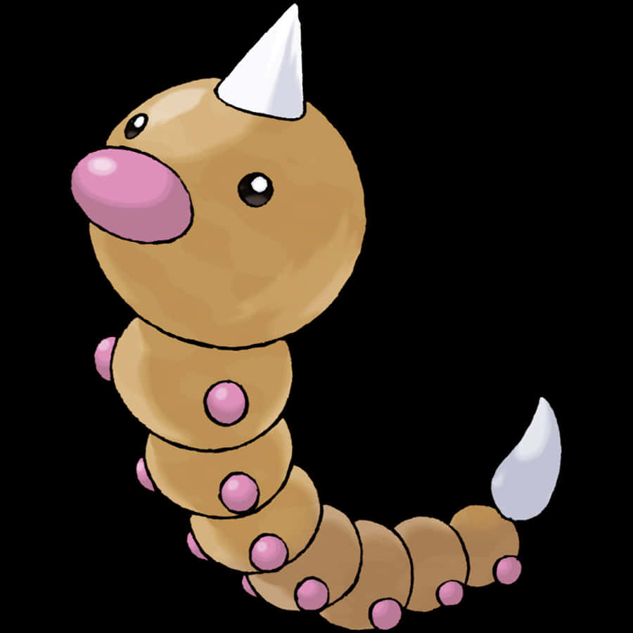 Weedle 桌布 壁紙 — 一隻卡通風格的棕色毛毛蟲，帶有粉紅色斑點和白色角，站在黑色背景前。