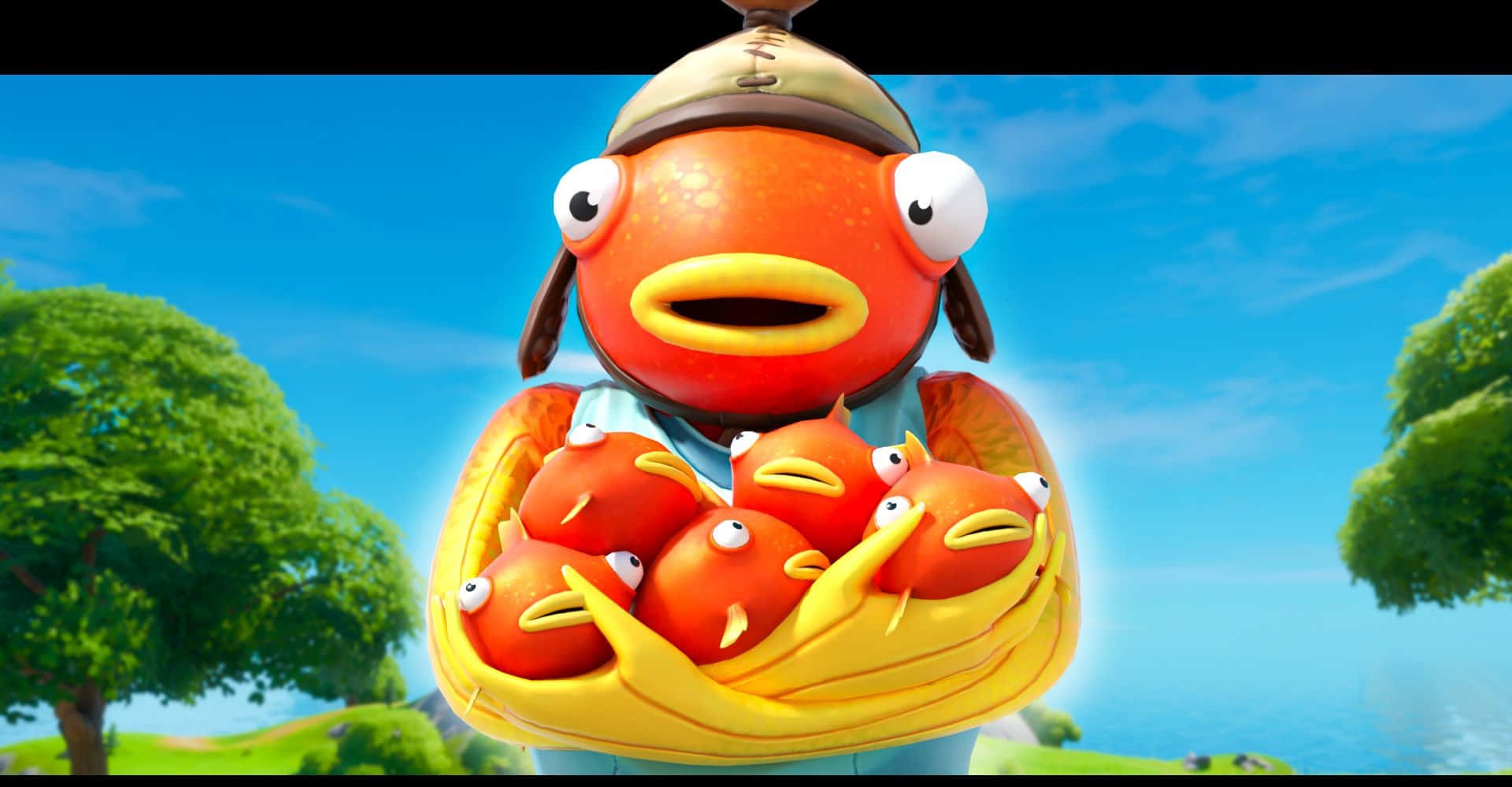一條卡通魚在藍天和樹下拿著一籃小魚。 — Fortnite 壁紙