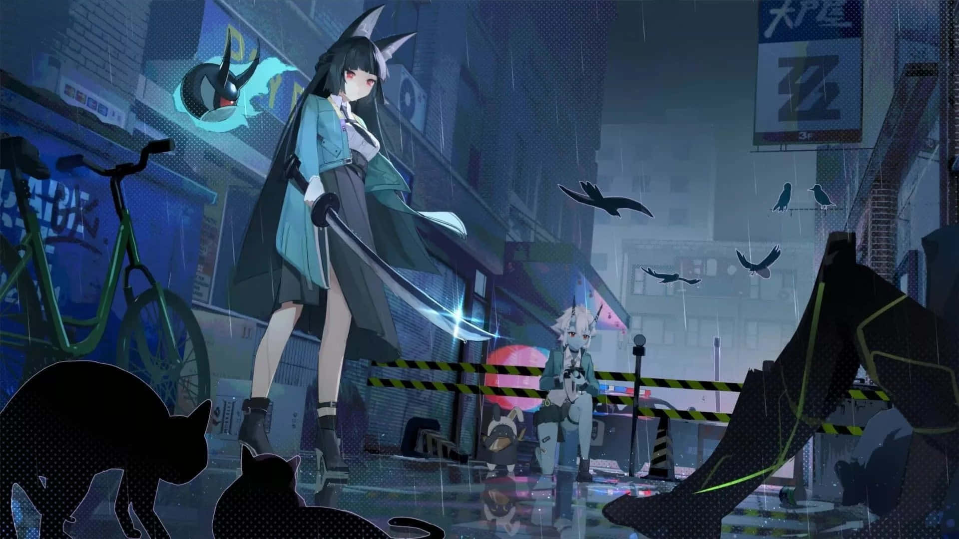  壁紙 — 一個貓耳動漫女孩穿著青綠色外套，站在下雨的霓虹燈城市小巷中，有發光的招牌和貓的剪影。