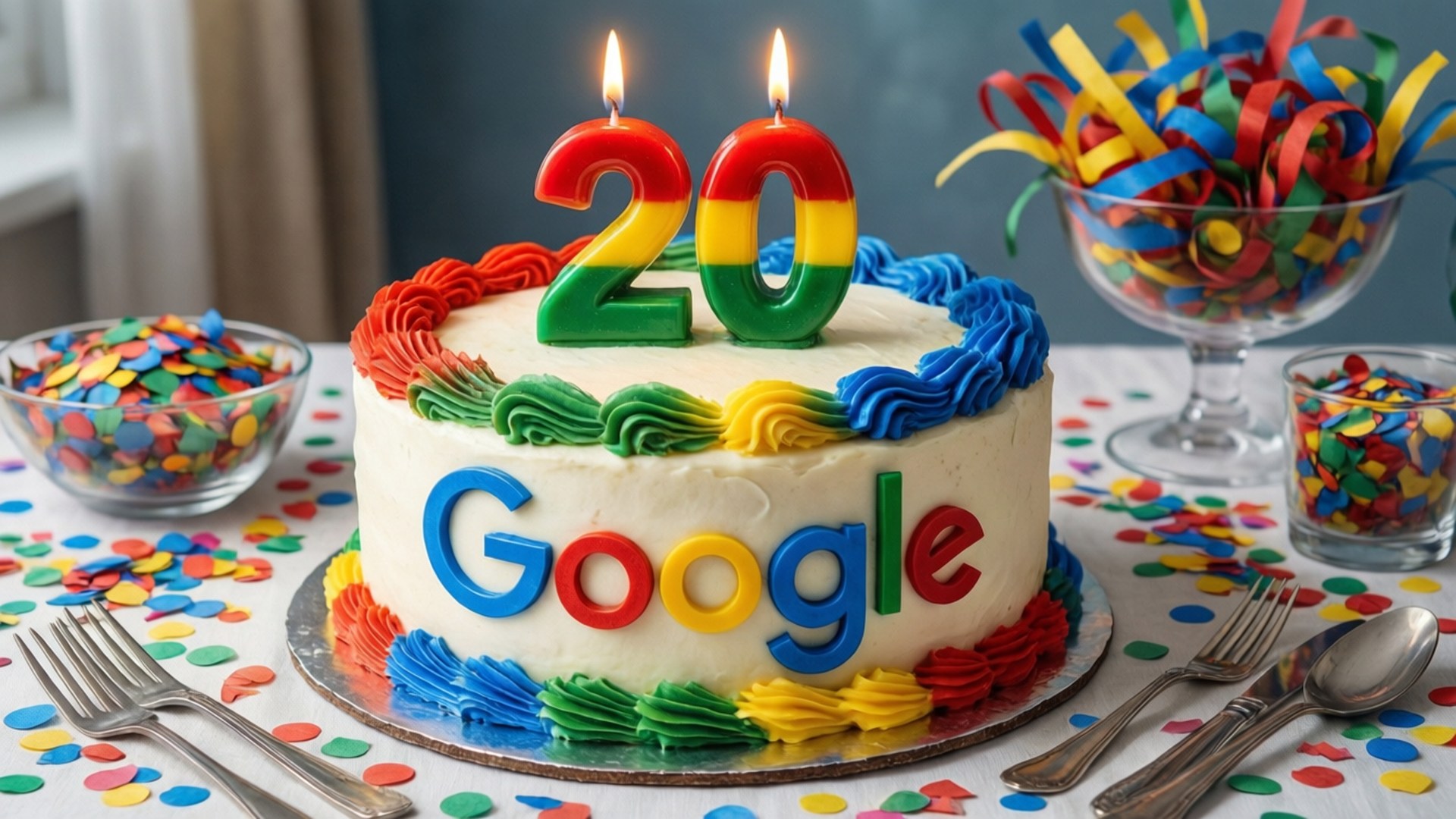 Google 20歲生日蛋糕，有蠟燭和五彩紙屑，放在有叉子的桌子上。 — Google 壁紙
