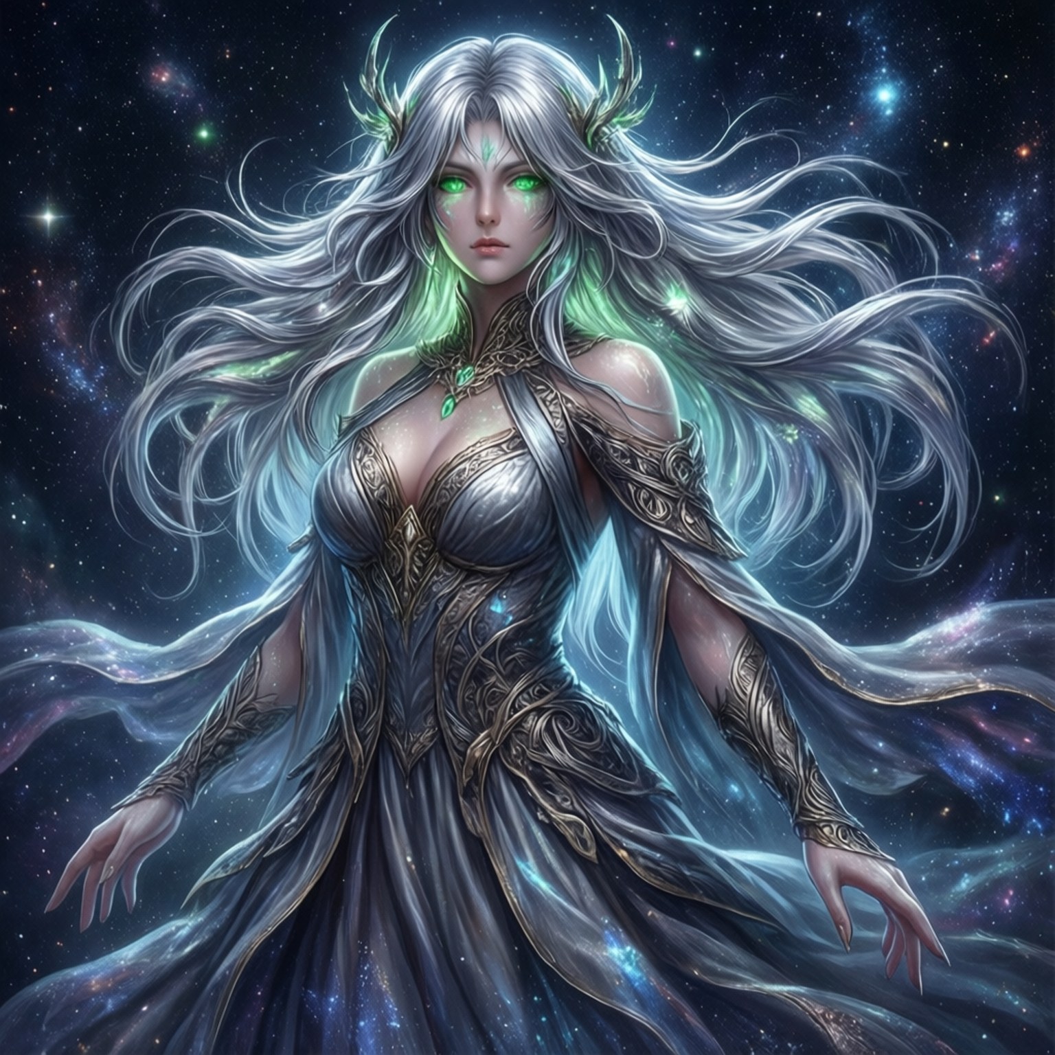 Sothis in the Stars 壁紙 — 一位擁有發光綠色眼睛和銀色頭髮的天界女神漂浮在充滿活力的星域中，身穿華麗的藍色和金色長袍。