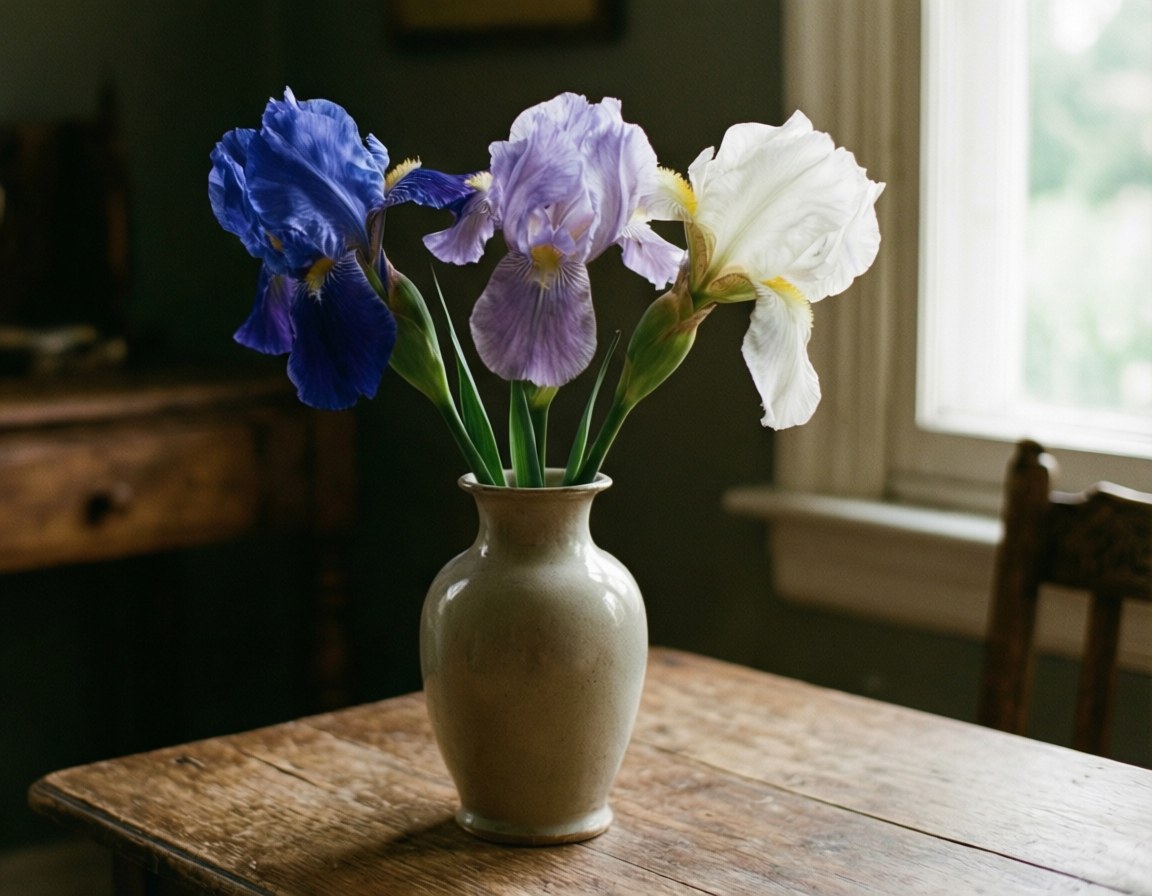 Vintage Iris Still Life 壁紙 — 一個陶瓷花瓶插著藍色、紫色和白色的鳶尾花，放在窗邊的鄉村風格木桌上。