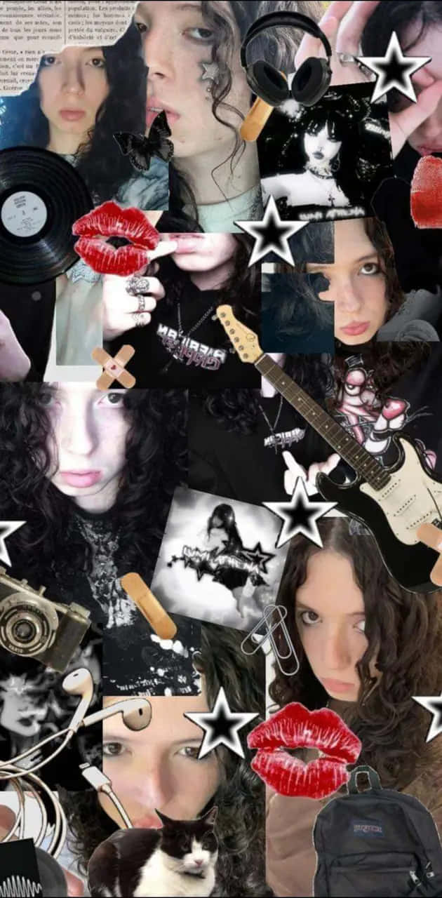  壁紙 — 一個混亂的拼貼畫，描繪年輕的反叛，包含樂隊圖像、紅唇、星星和一隻貓，背景為深色紋理。