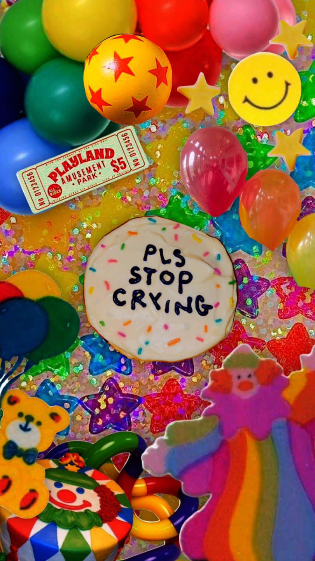  壁紙 — 一個混亂閃亮的拼貼畫，包含彩色氣球、星星貼紙、寫著「PLS STOP CRYING」的餅乾，以及小丑剪紙，背景是彩虹。