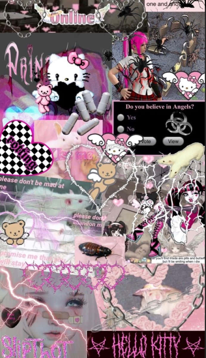 哥德式粉紅色拼貼畫，包含Hello Kitty、動漫角色和混亂的文字元素。 — Hello Kitty 壁紙